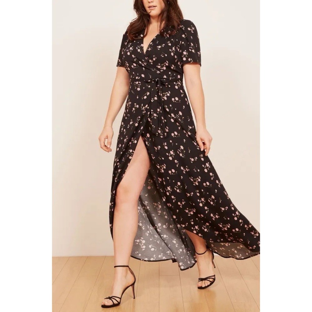 Reformation Winslow Wrap Maxi Dress Black Pink Floral Short Sleeve 1X USA